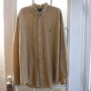 Ralph Lauren Blake Blue Pony Logo on Beige Color 100% Linen Button Down Shirt~
